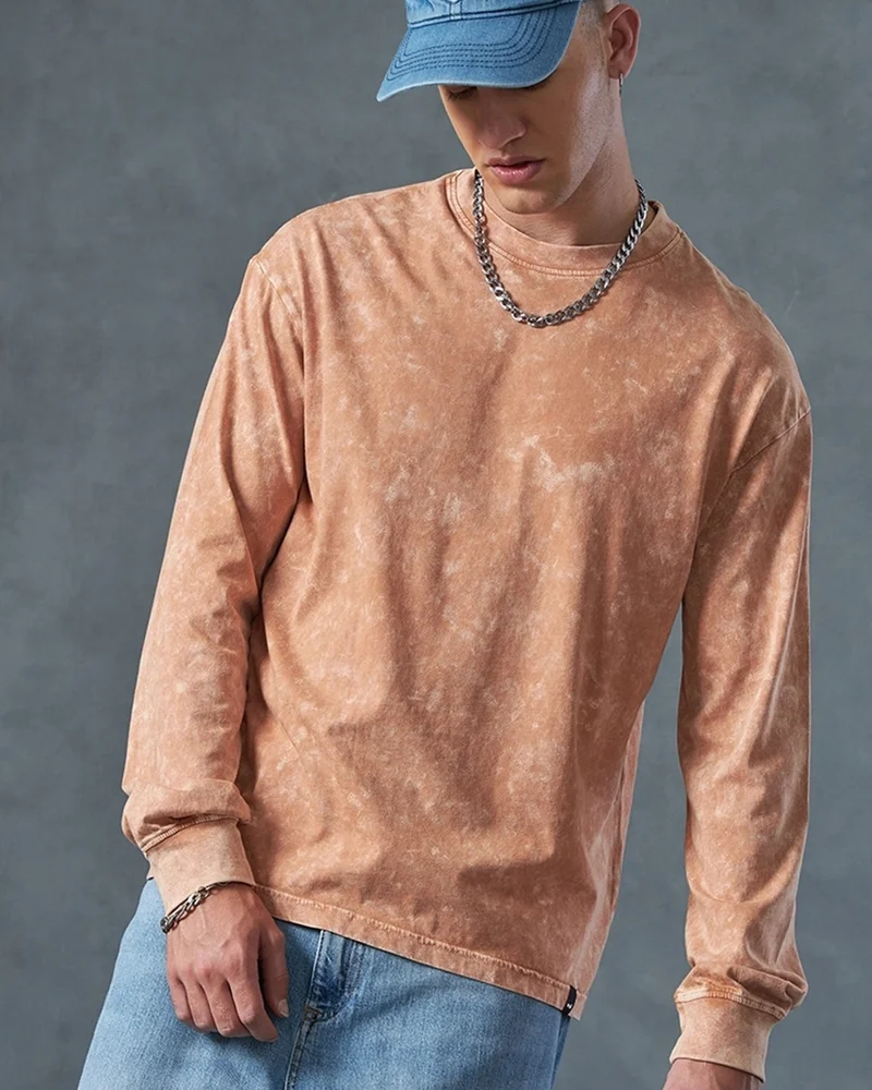 bewakoof Men's Orange Oversized Acid Wash T-shirt